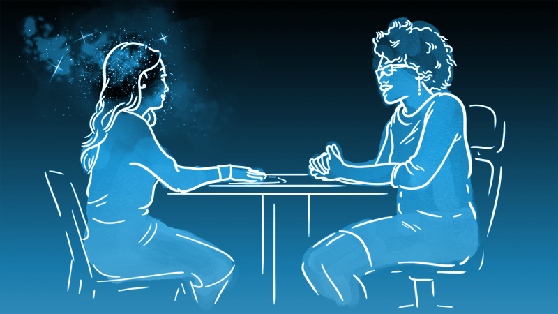 Two women conducting an interview. The interviewee has a a head full of stars.