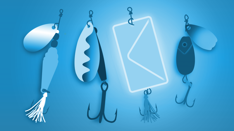 Three fishing lures and one email envelope
