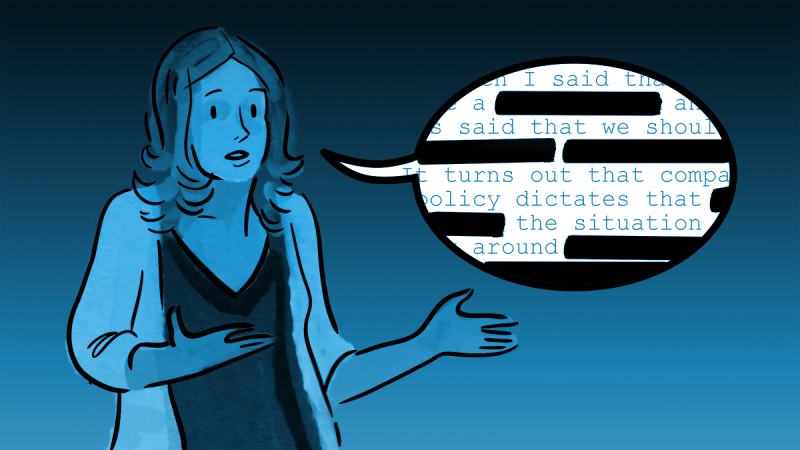 A woman's speech bubble, with words redacted