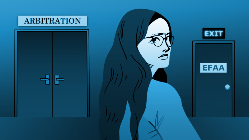 A woman choosing between two doorways