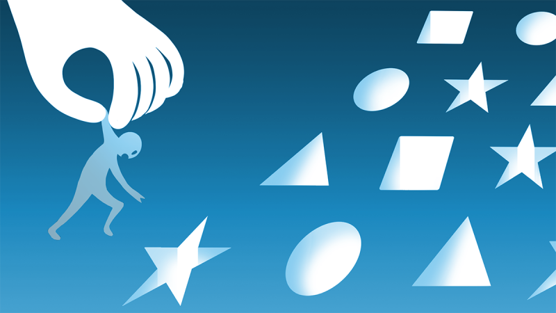 A hand holding a person to drop them into a star shaped hole