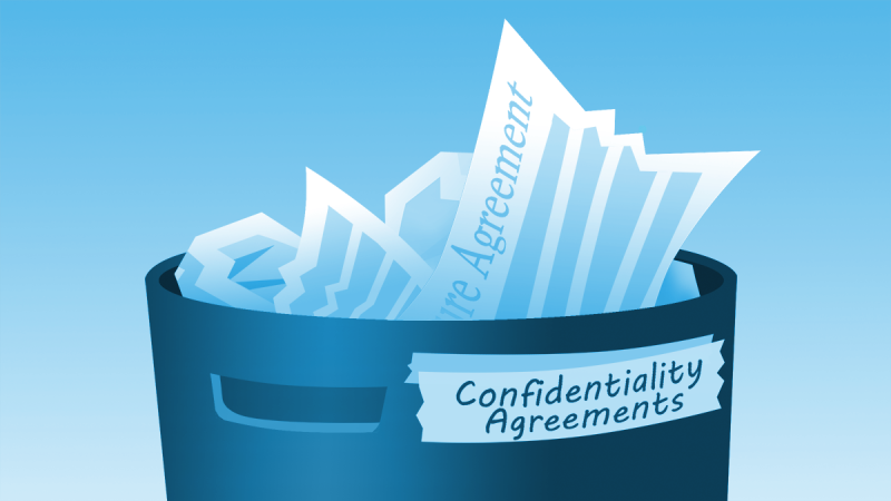 A trash can with the words "Confidentiality Agreements" on the side