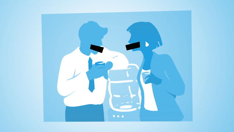 A man and woman talking at a water cooler. Their mouths are covered.