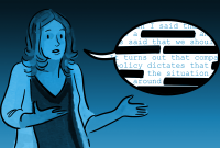 A woman's speech bubble, with words redacted