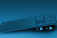Eyes peeking out from beneath keyboards