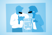 A man and woman talking at a water cooler. Their mouths are covered.