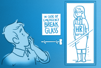 A man distracted next to a "In case of emergency break glass" case with an HR person inside